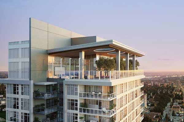 Rooftop architecture at Smith & Farrow presale development in Coquitlam West by Boffo Developments, located at 720 Farrow Street, showcasing the upper-level amenity pavilion, expansive rooftop terrace, glass railings, and panoramic views across Coquitlam, Burnaby, and the surrounding urban landscape.