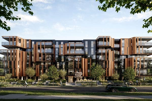 Street view exterior of Vesa Little Mountain by Holborn located at 155 East 37th Avenue Vancouver, showing modern mid-rise architecture, landscaped frontage, and pedestrian-friendly streetscape