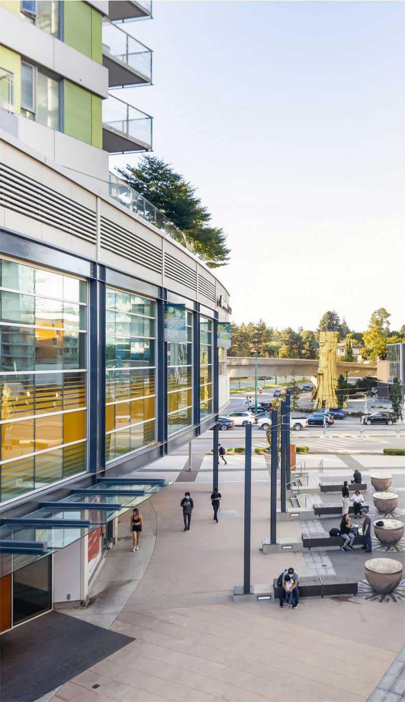Retail and commercial amenities near West58 Vancouver, featuring restaurants, banks, shops, and pedestrian walkways close to 7425 Granville Street.