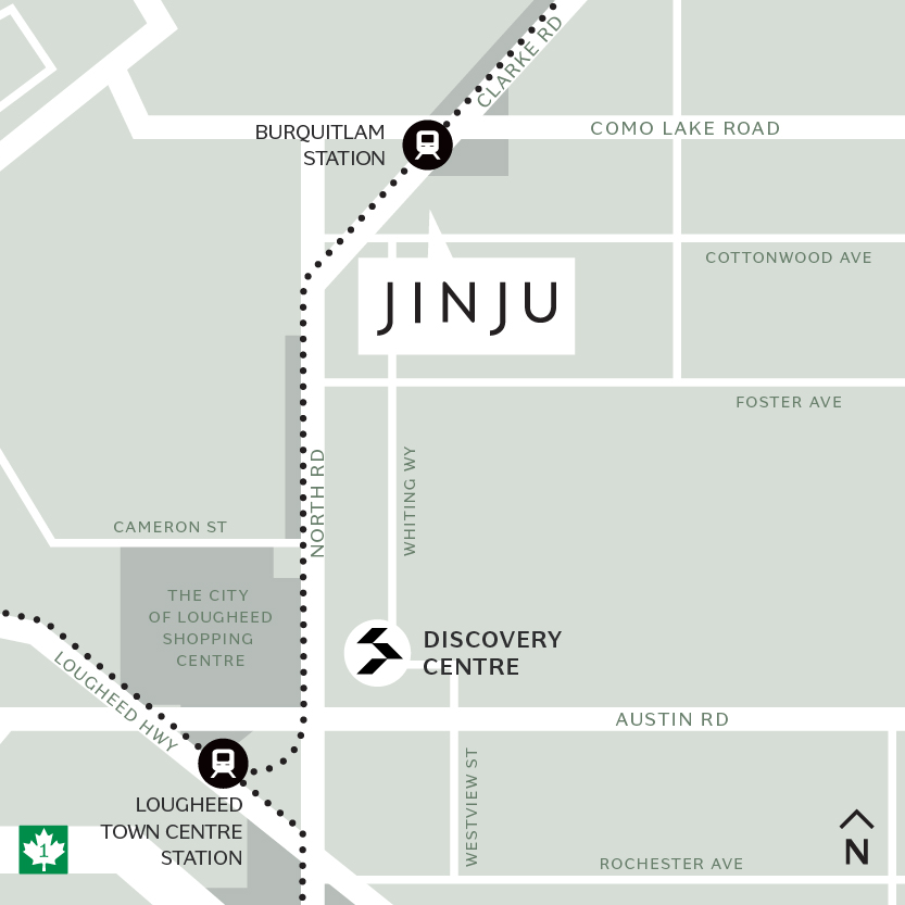 Location map of Jinju Coquitlam by Anthem Properties in Burquitlam at 533 Cottonwood Avenue, showing proximity to Burquitlam Station, Lougheed Town Centre Station, Discovery Centre, and major roads like Como Lake Road and Austin Road.