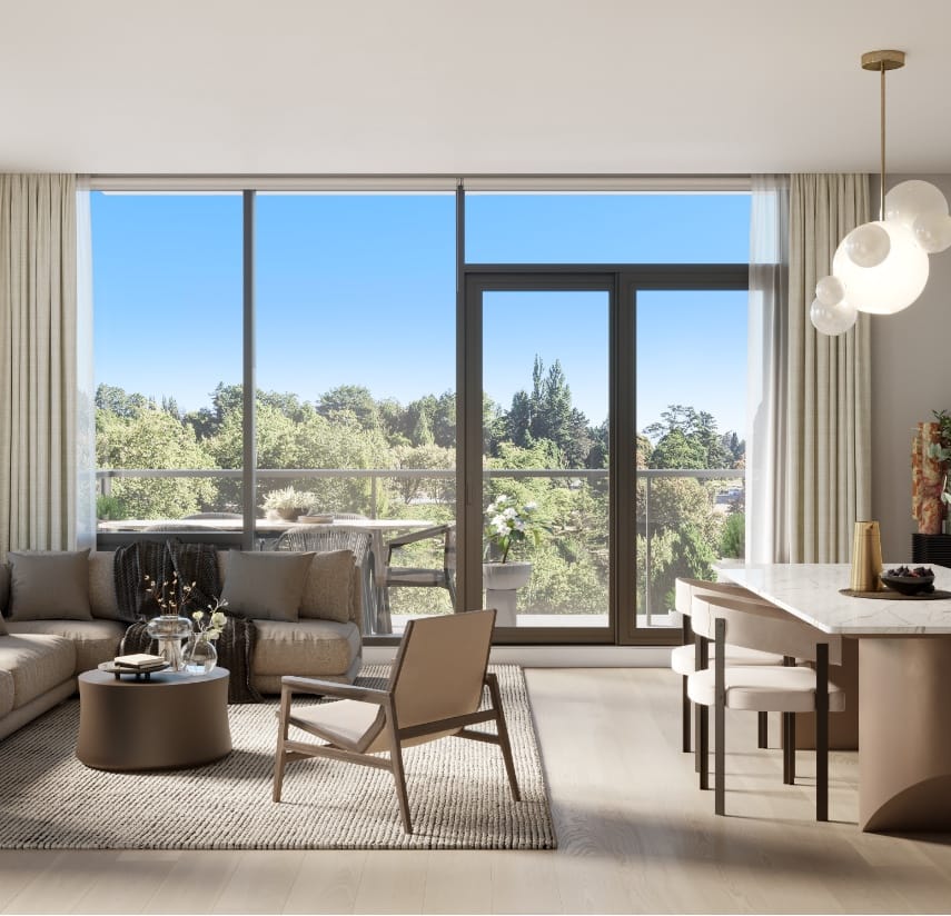 Living and dining area at Lina at QE Park with large windows and park views