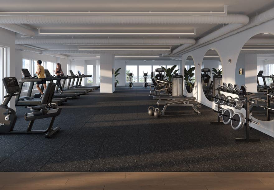 Fitness centre at Smith & Farrow presale development in Coquitlam West by Boffo Developments, located at 720 Farrow Street, featuring cardio equipment, free weights, strength training zones, and a bright open layout designed for daily wellness.