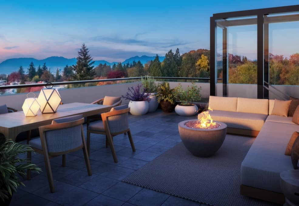 Rooftop lounge at Lina at QE Park overlooking QE Park and the North Shore