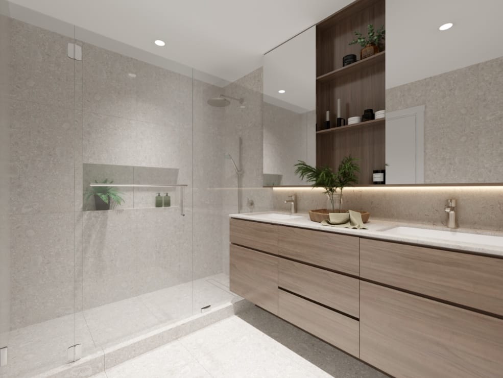 Primary bathroom at Lina at QE Park with double vanity and walk-in shower